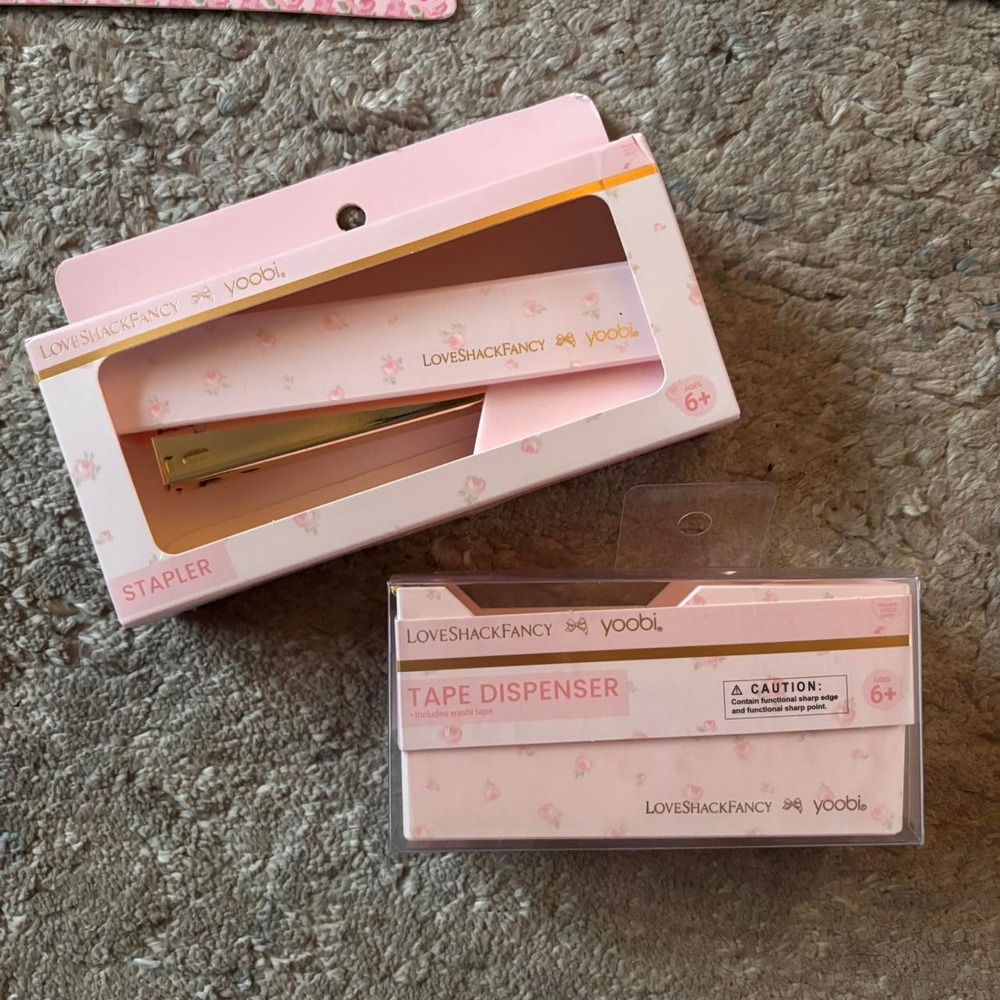 LoveShackFancy stationary , pink floral stapler and matching tape dispenser